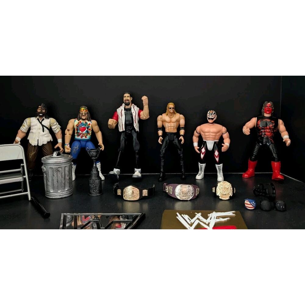 WWF WCW Figure Lot Mick Foley Mankind Sting Rey Mysterio Jakks Toy Biz Belts Vtg